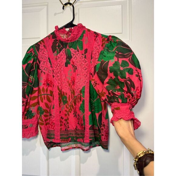Farm Rio Floral Yard Blush Volumious Puff Half Sleeves High Collar Blouse XS - Picture 4 of 15